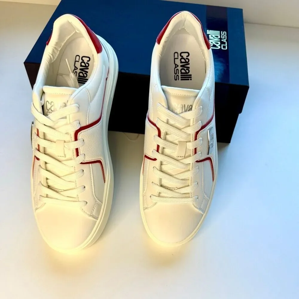 NWT Roberto Cavalli metal logo low top men sneaker in white with red accent Size